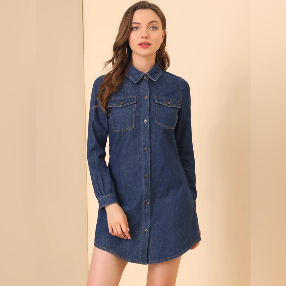 Allegra K - Belted Longsleeve Button Front Denim Shirt Dress